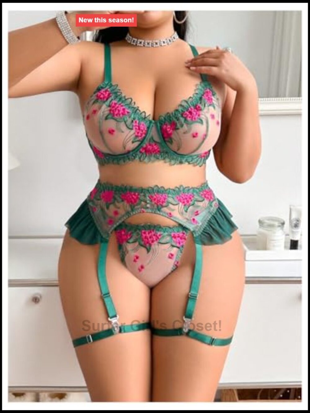 Plus Size Lingerie Set Floral Mesh Push Up Bra & Thong - Picture 2 of 4